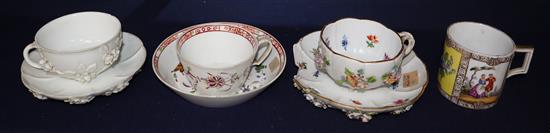 Four Meissen cups and three saucers, 18th and 19th century, cups 6.2 - 8.5cm diameter